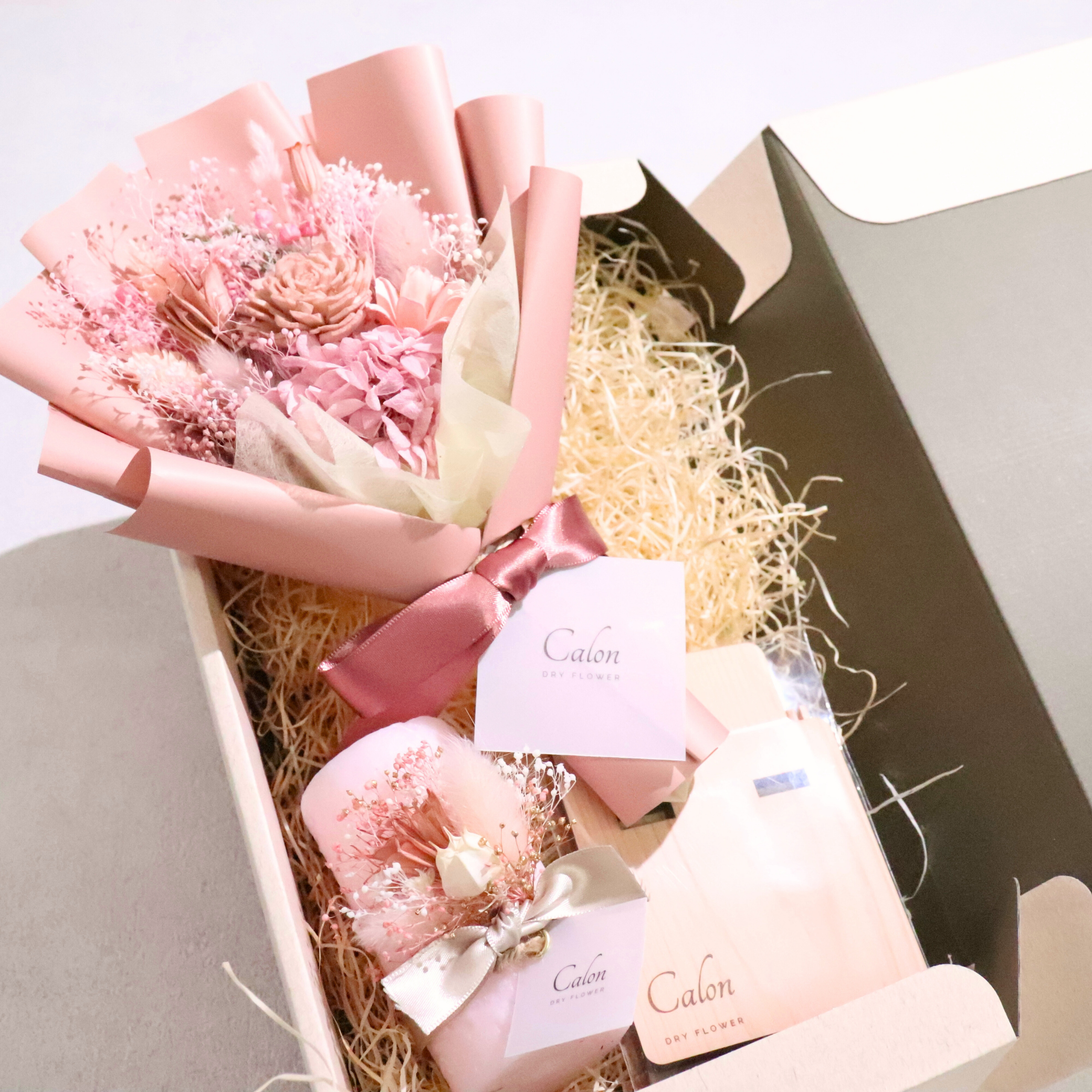 ドライフラワー花束S×キャンドル×スタンド ギフト3点セット【ニュアンスピンク】