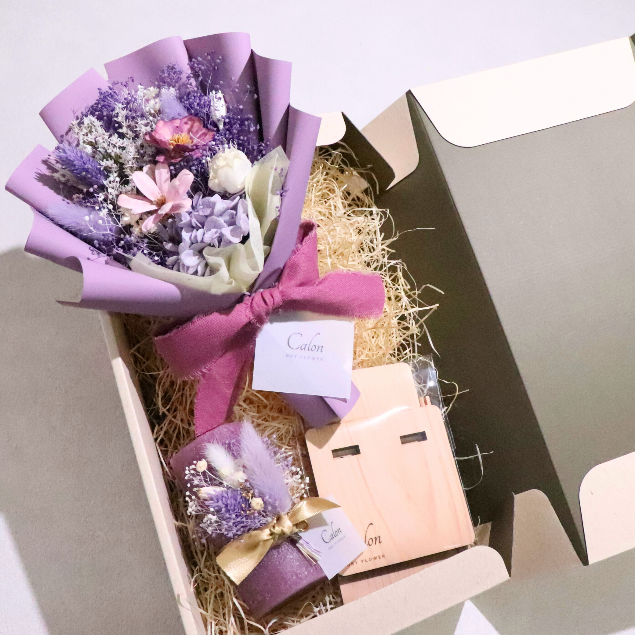 ドライフラワー花束S×キャンドル×スタンド ギフト3点セット【パープル】