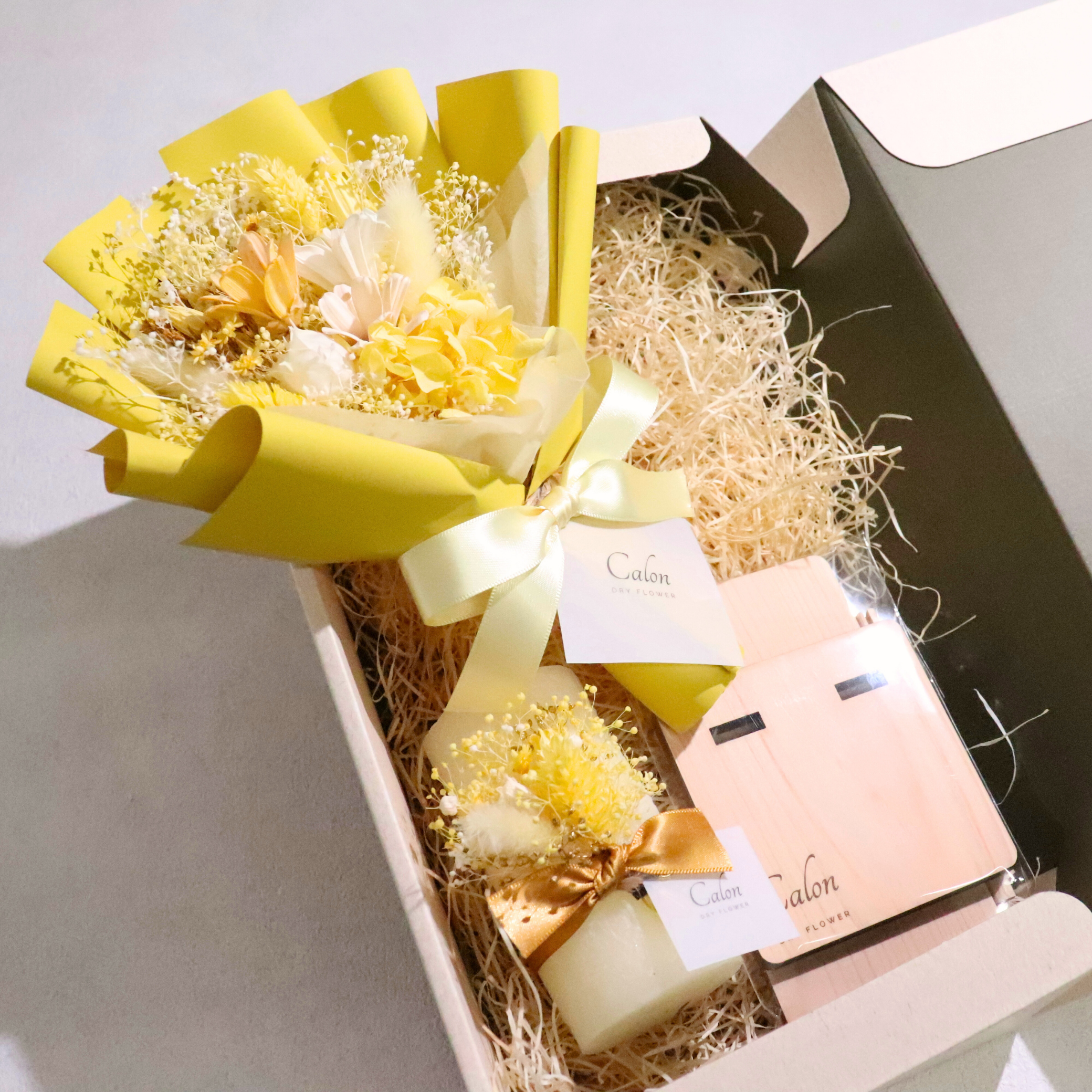 ドライフラワー花束S×キャンドル×スタンド ギフト3点セット【イエロー】
