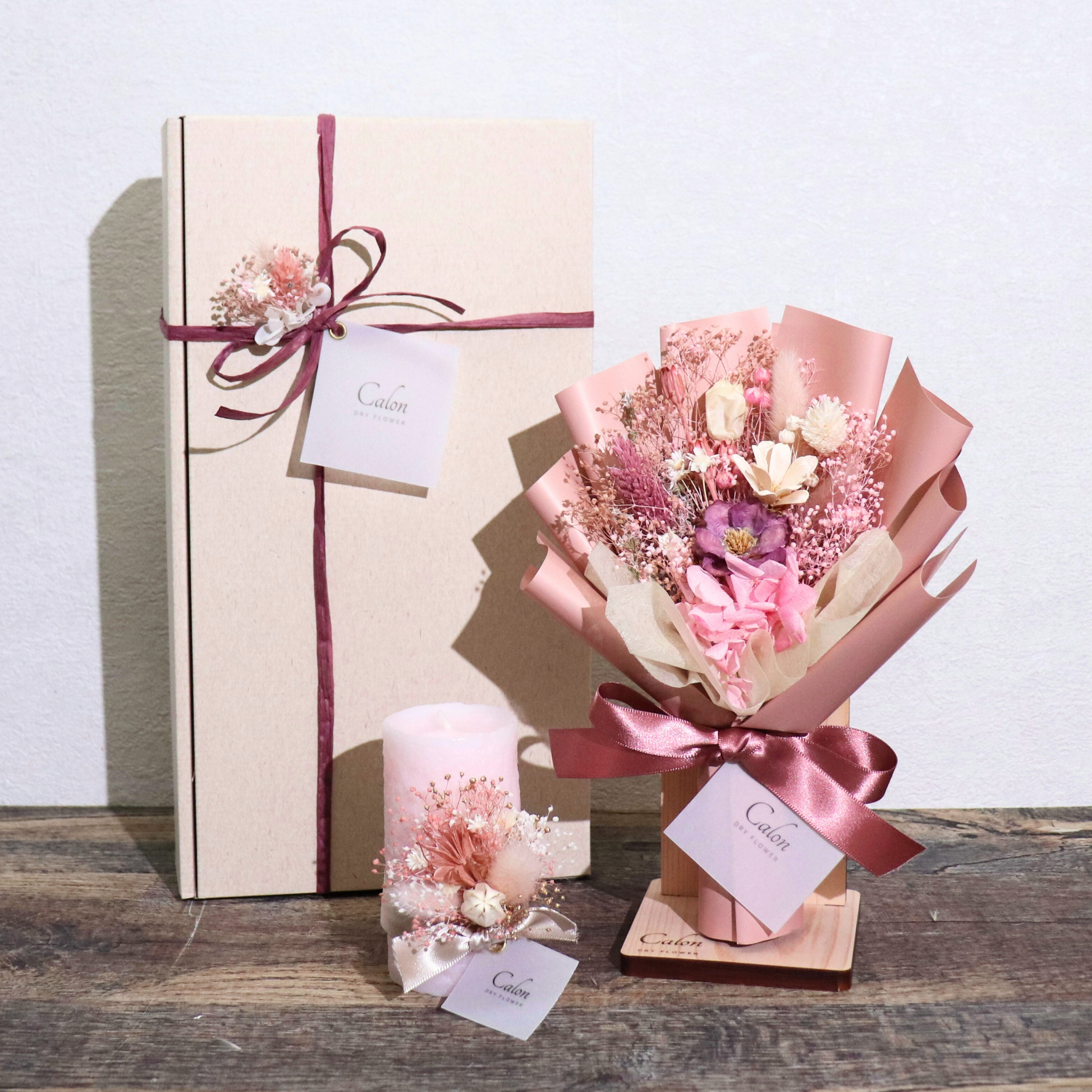 ドライフラワー花束S×キャンドル×スタンド ギフト3点セット【ニュアンスピンク】