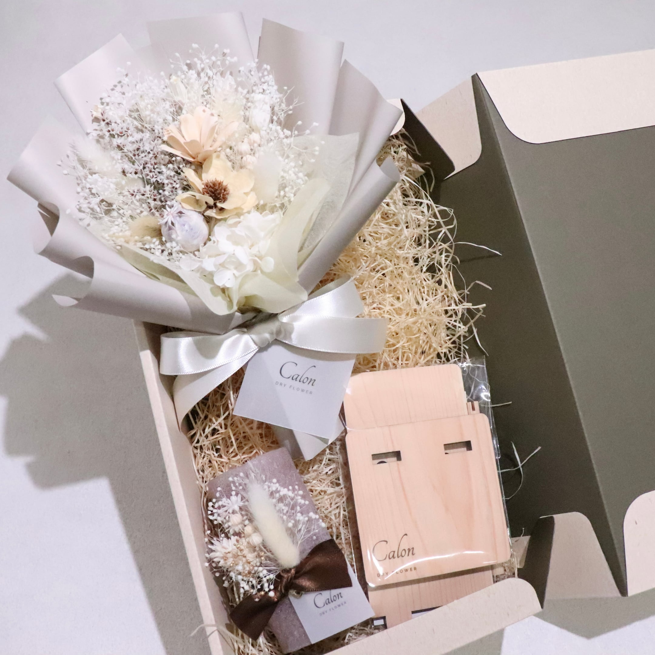 ドライフラワー花束S×キャンドル×スタンド  ギフト3点セット【ホワイト】