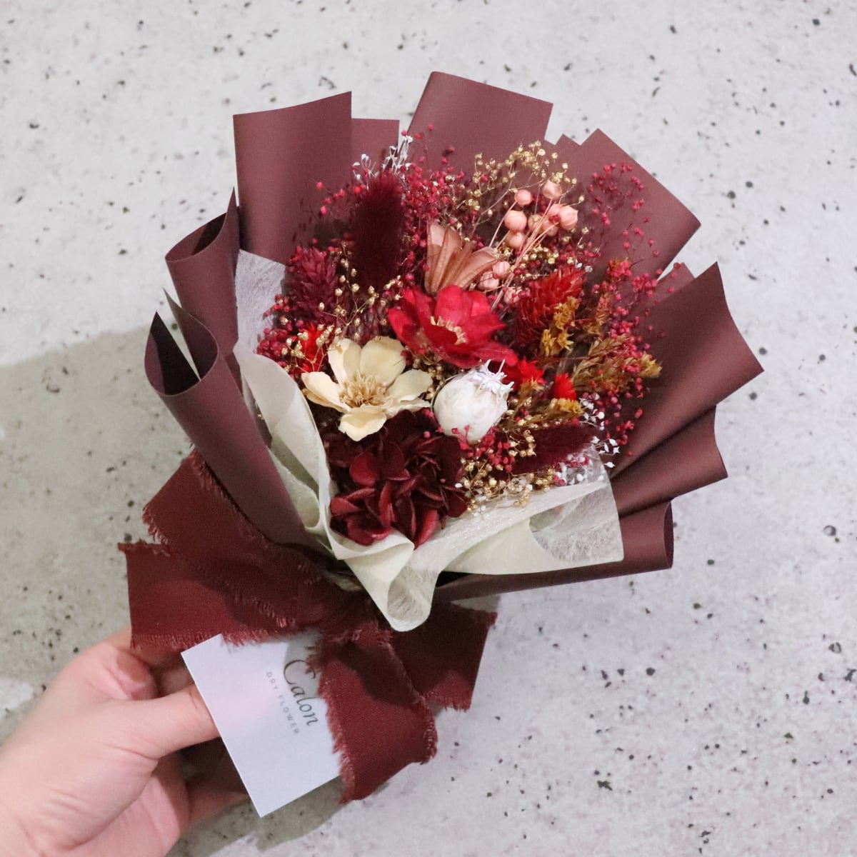 おまかせワインレッド系】ドライフラワーの花束Sサイズ