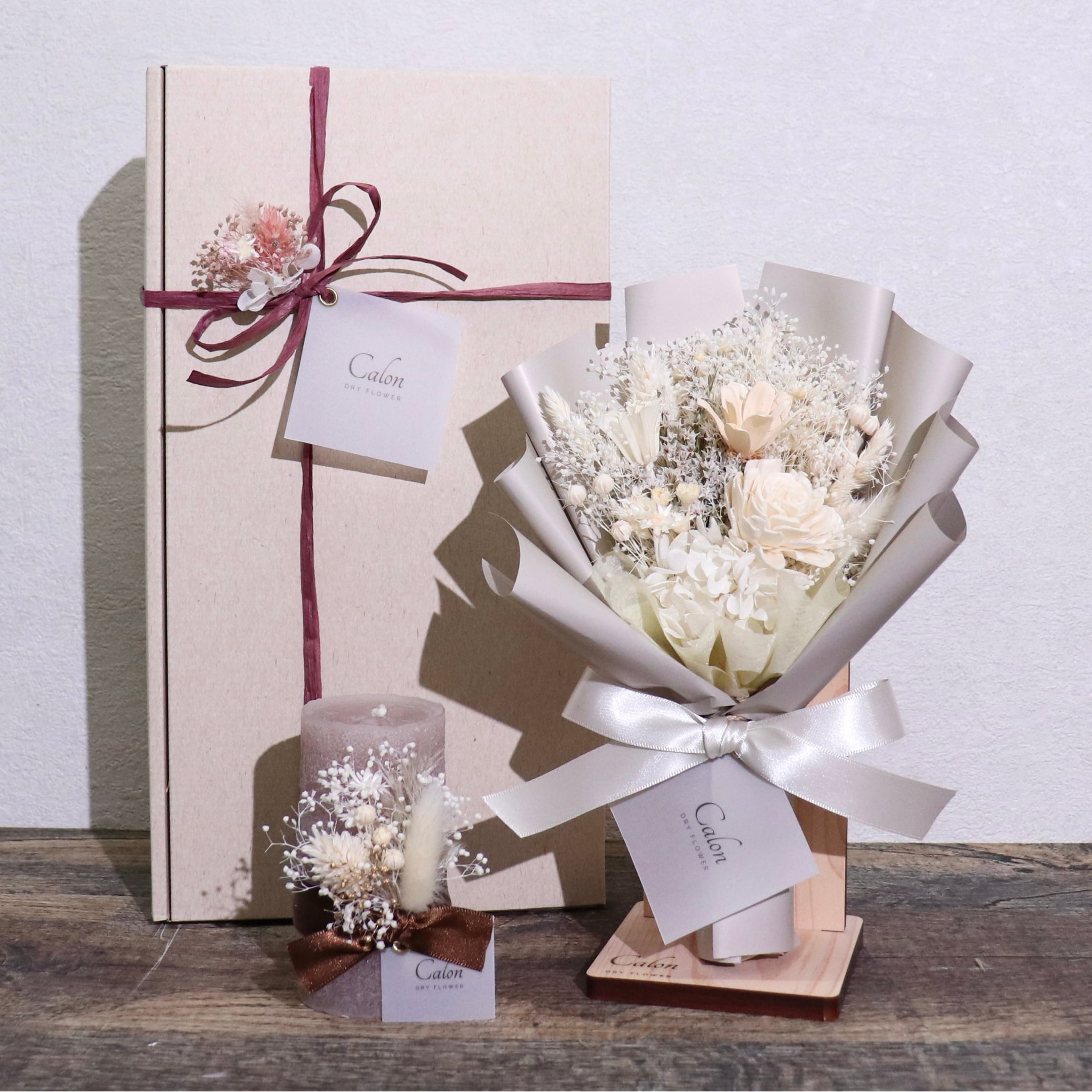 ドライフラワー花束S×キャンドル×スタンド  ギフト3点セット【ホワイト】