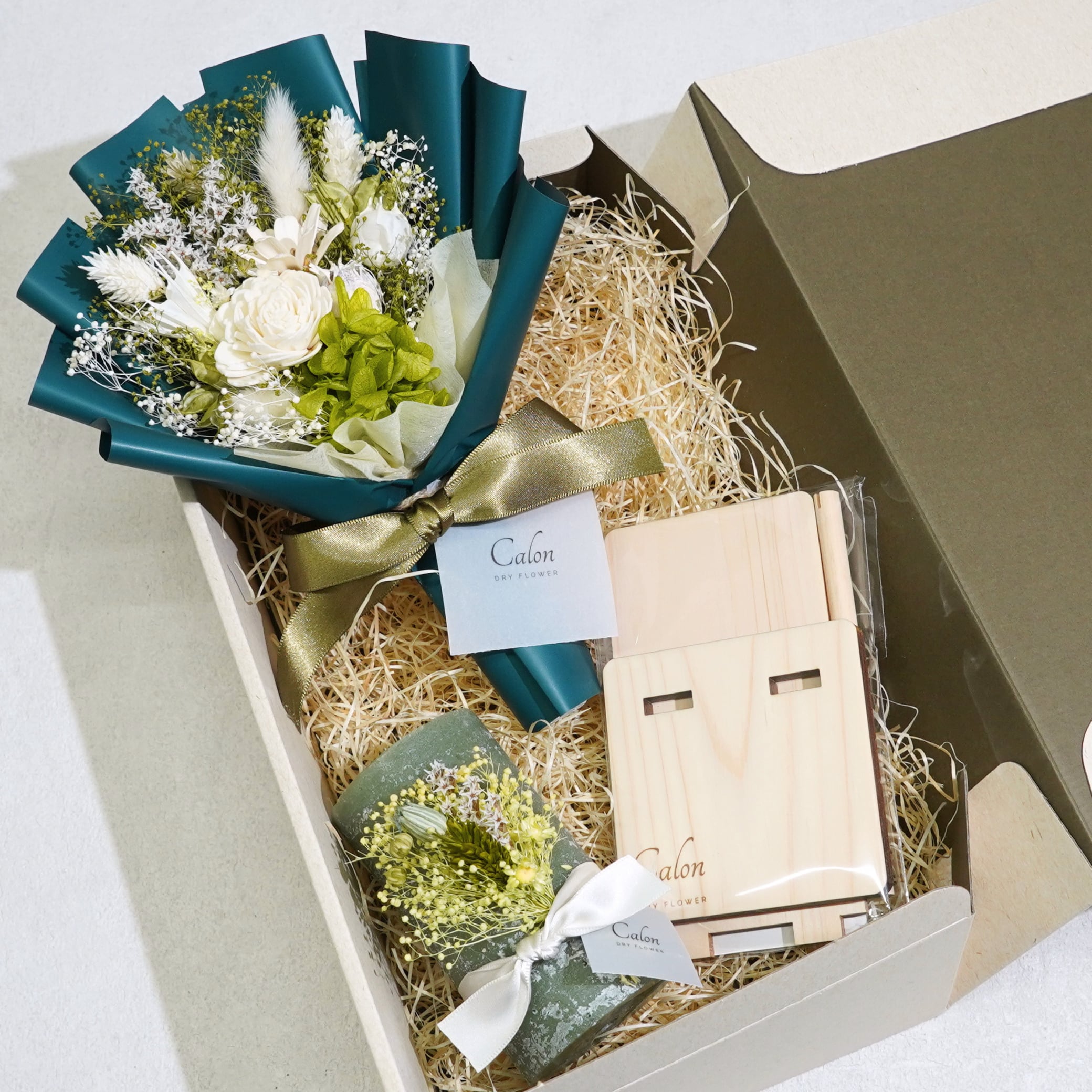 ドライフラワー花束S×キャンドル×スタンド  ギフト3点セット【グリーン】