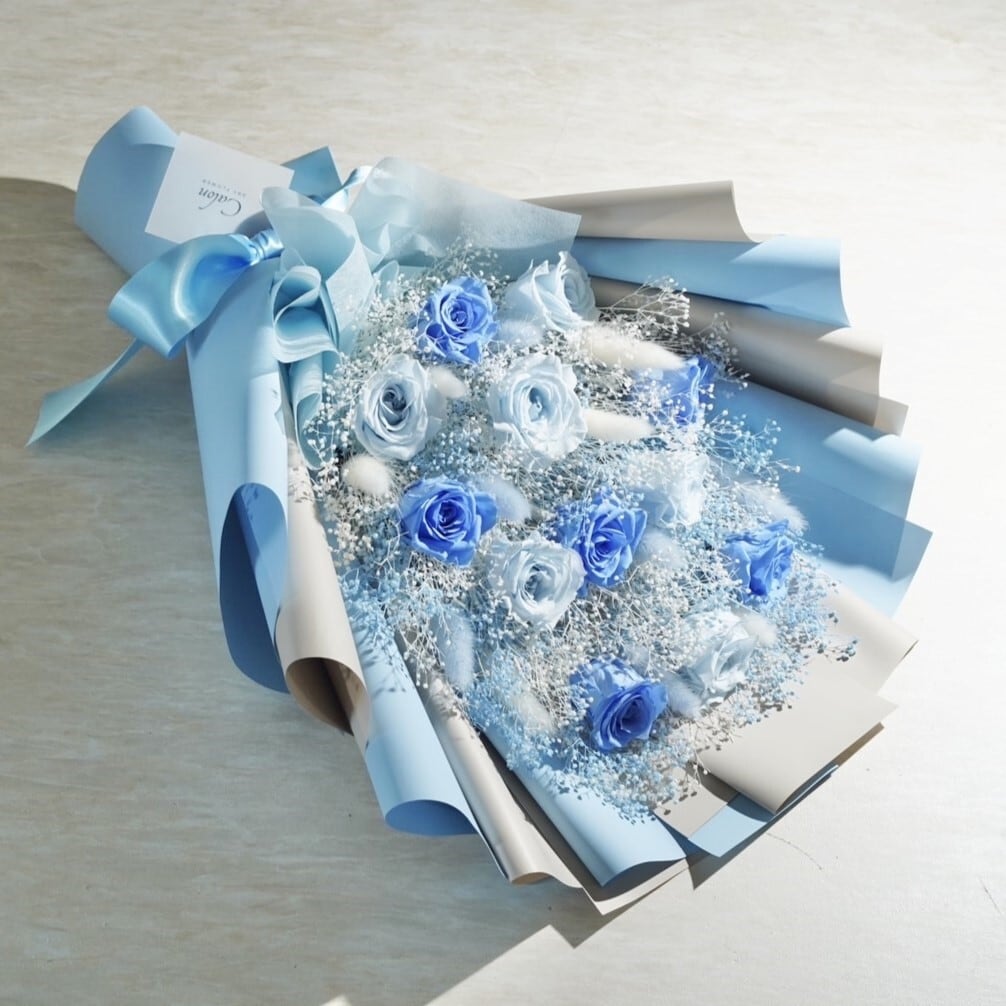 【プロポーズ・記念日】プリザーブドローズの枯れない花束(12本の薔薇/ブルー)