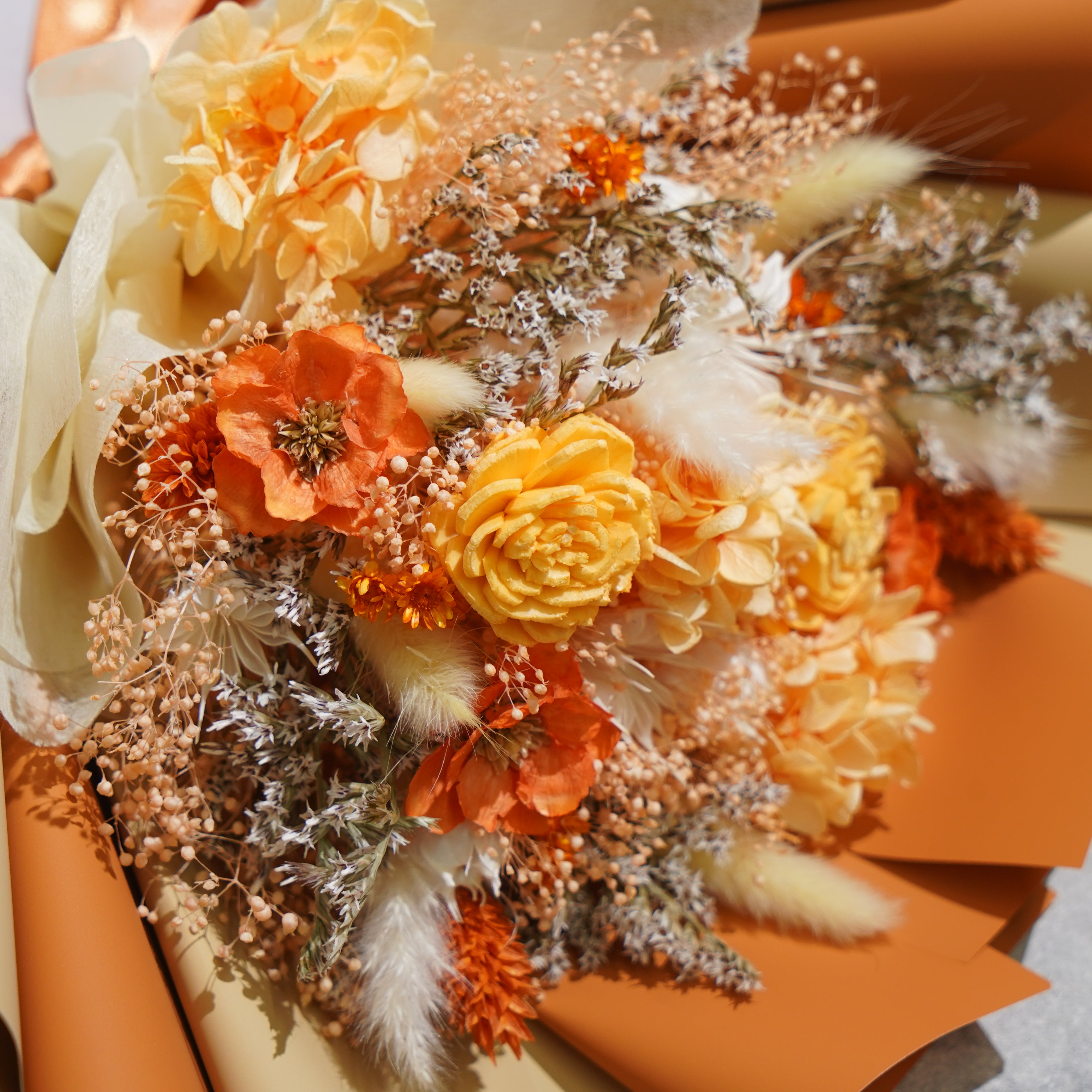 ドライフラワー★美味しそうなフレームアレンジメント★オレンジ　キウイ　母の日♪ ドライフラワーの花束 Mサイズ オレンジ M-701≪限定1点≫
