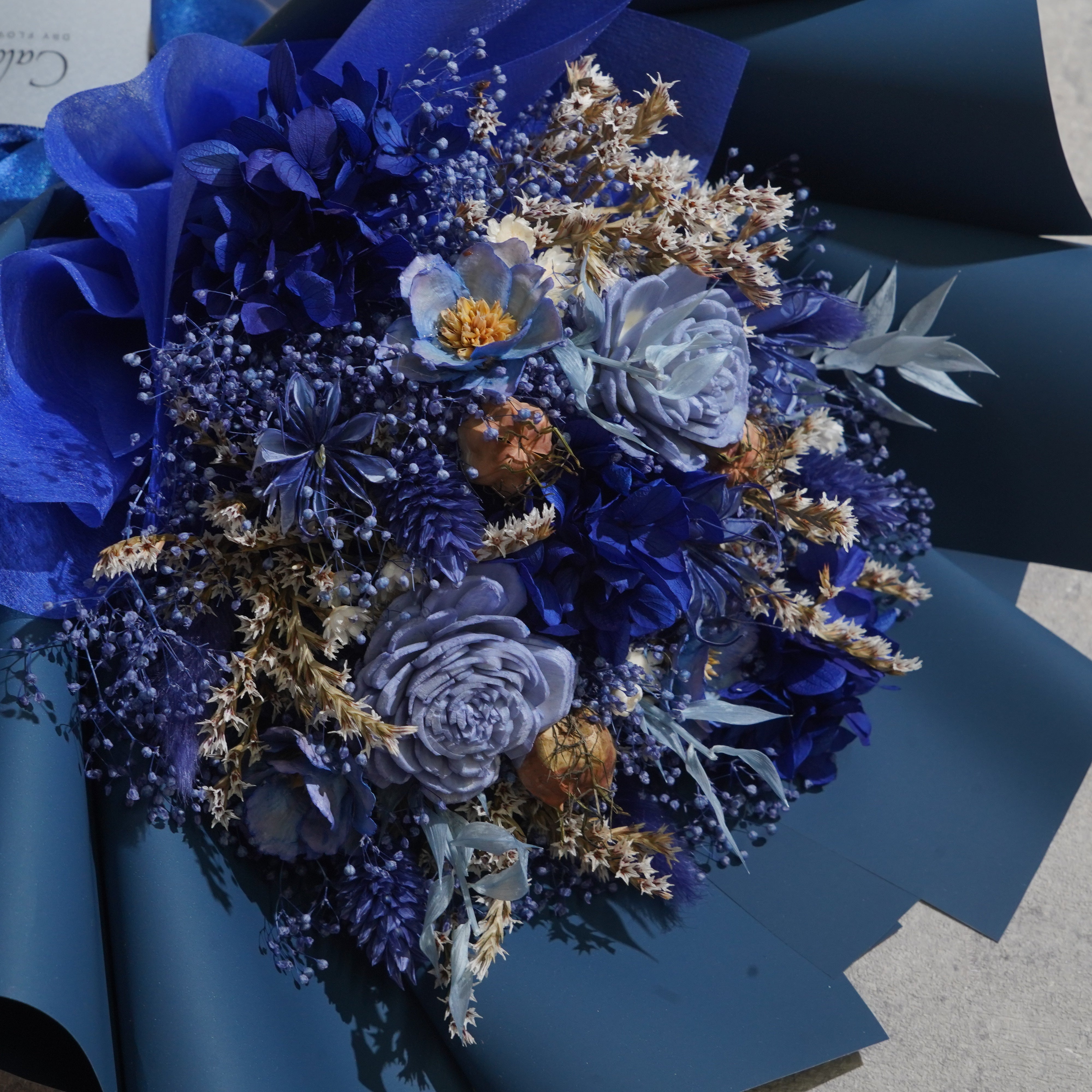造花 アートフラワー ネイビーブルー系 花束セット 造花 ドライフラワー 花束 水色 ドライフラワーの花束 Mサイズ ブルー