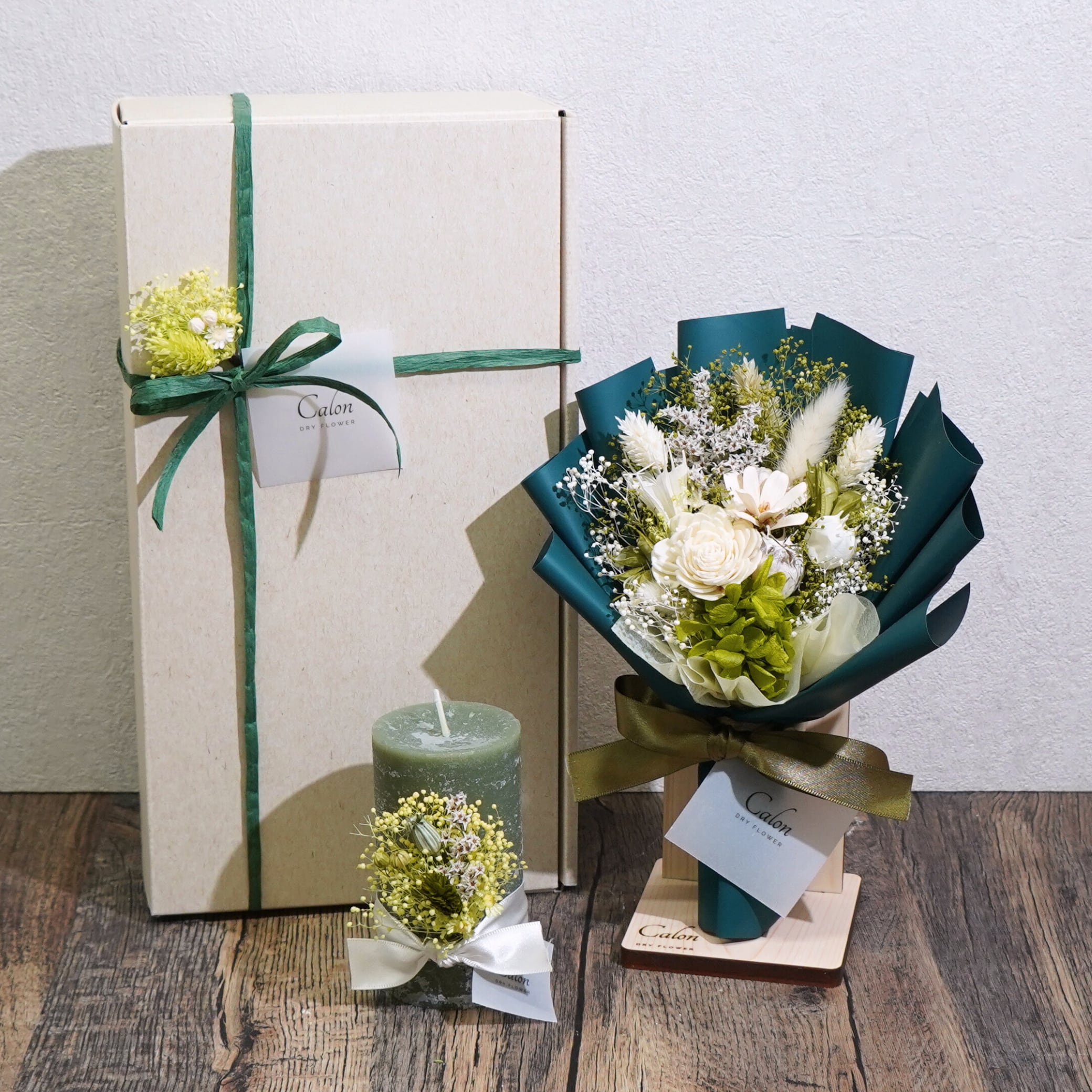 ドライフラワー花束S×キャンドル×スタンド  ギフト3点セット【グリーン】