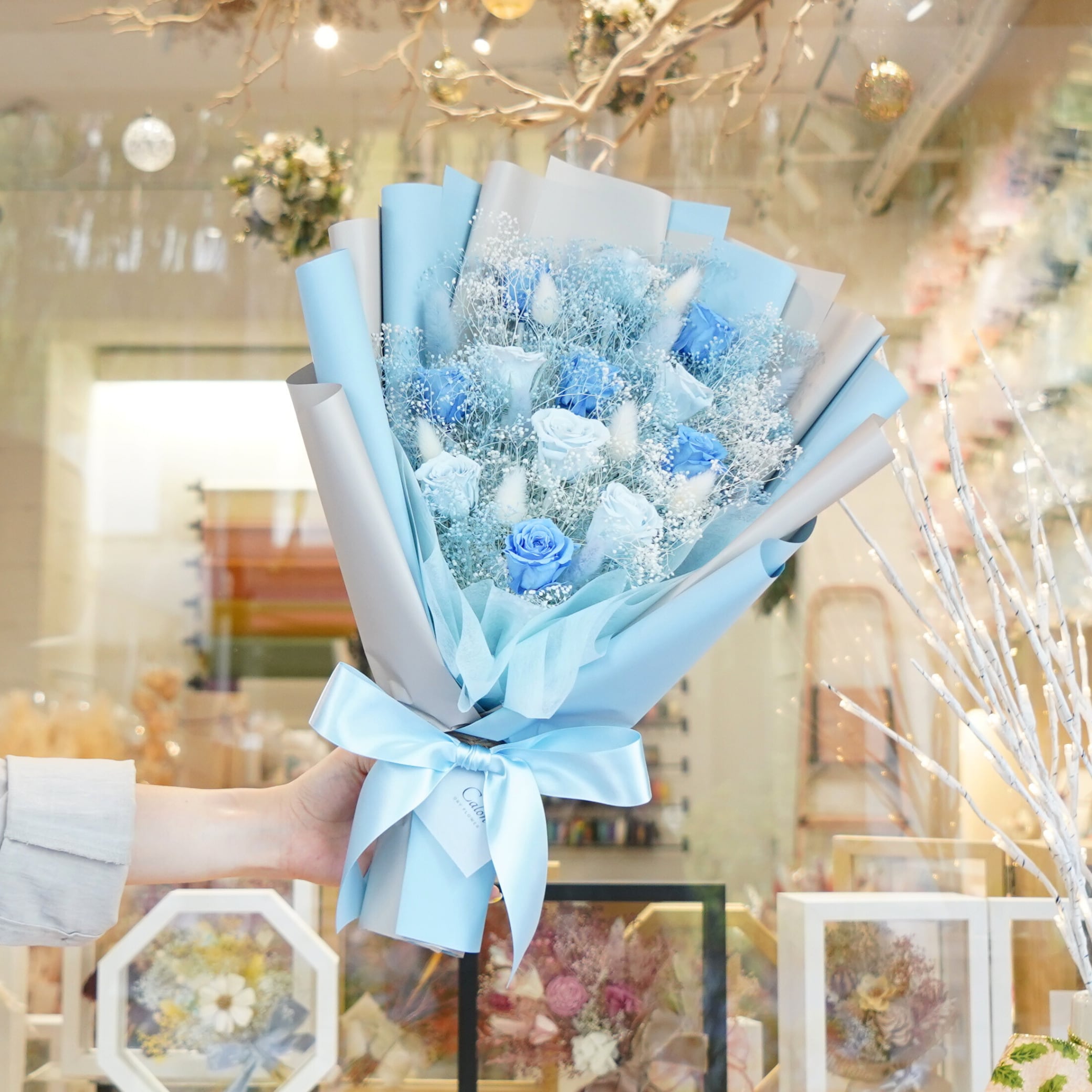 【プロポーズ・記念日】プリザーブドローズの枯れない花束(12本の薔薇/ブルー)
