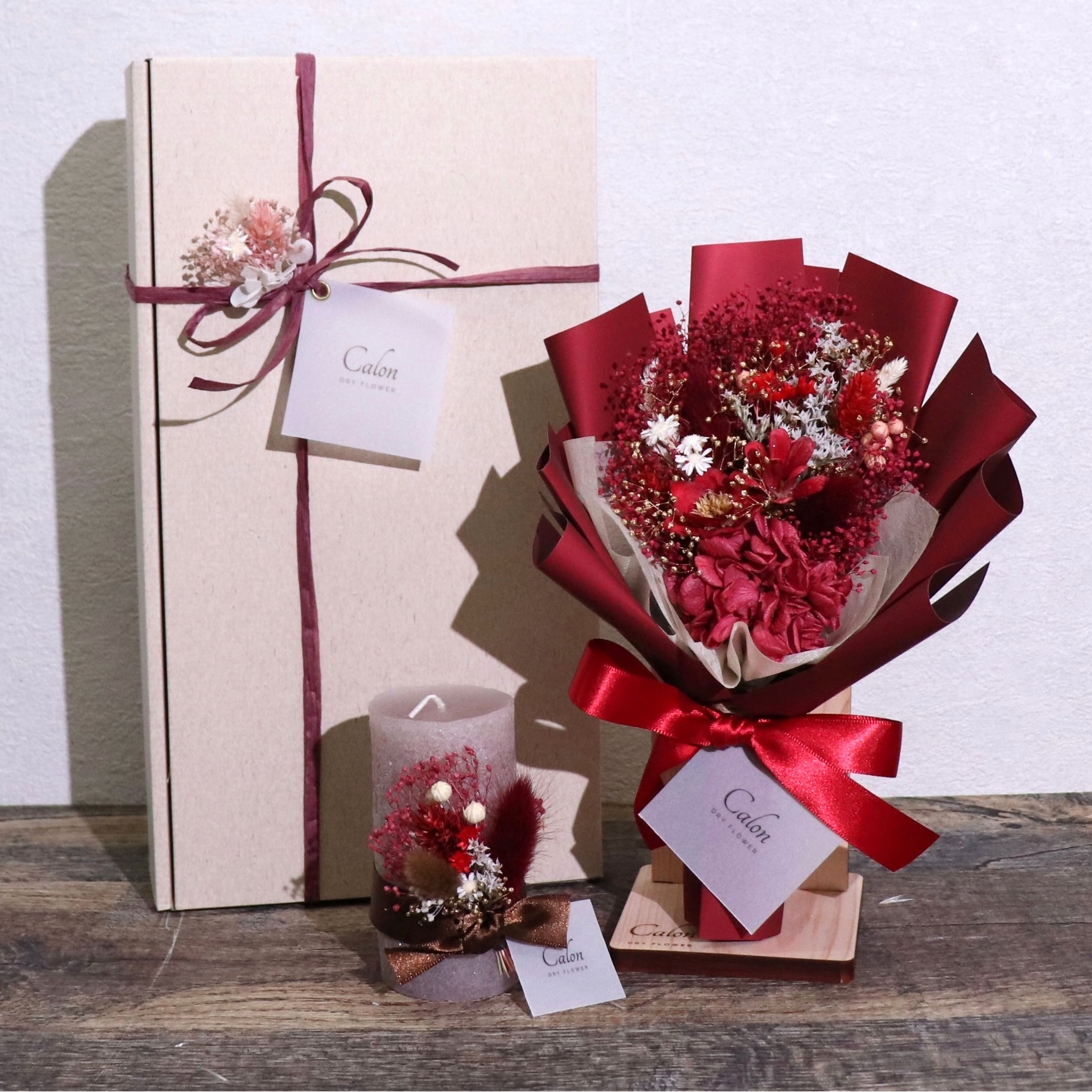 ドライフラワー花束S×キャンドル×スタンド  ギフト3点セット【レッド】