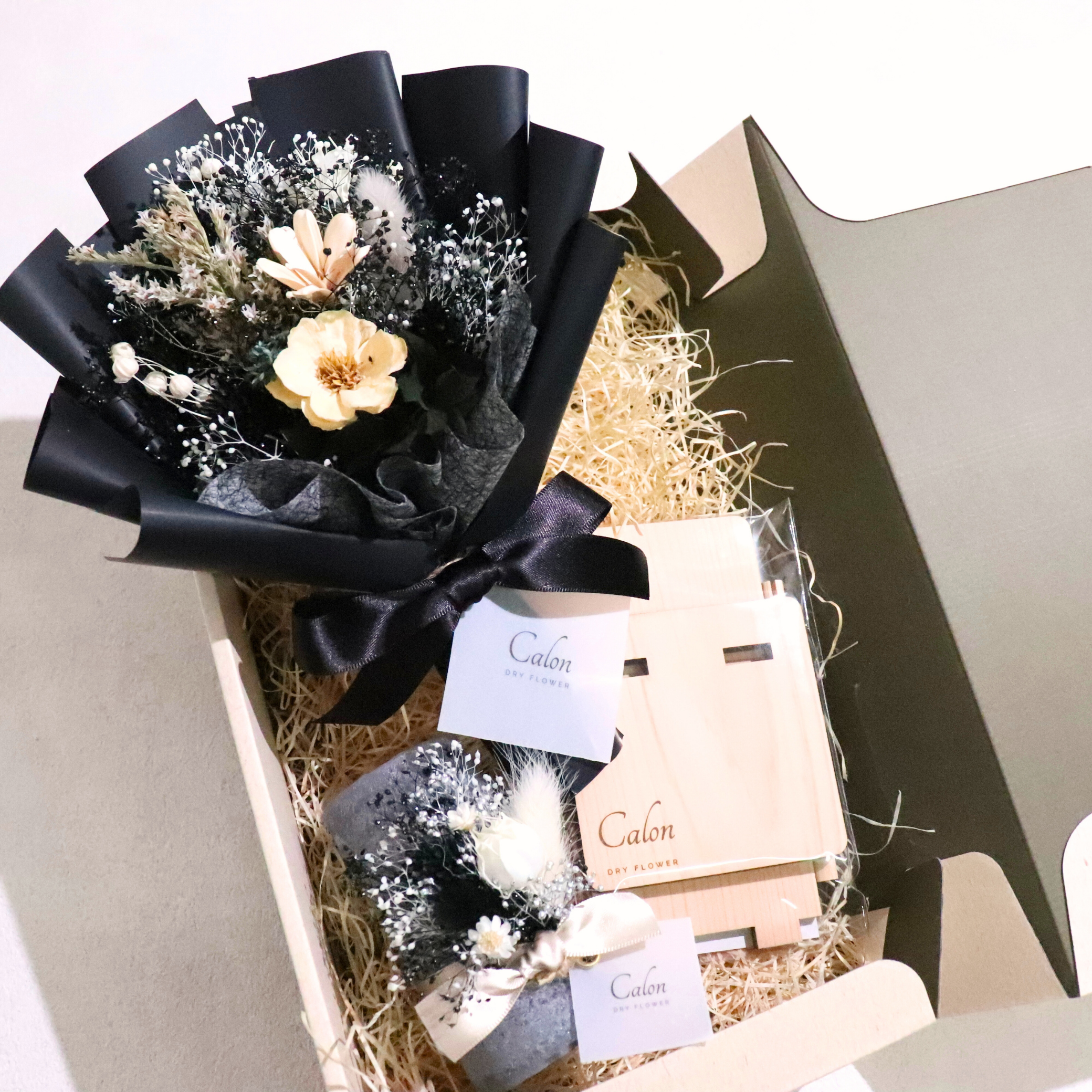 ドライフラワー花束S×キャンドル×スタンド  ギフト3点セット【ブラック】