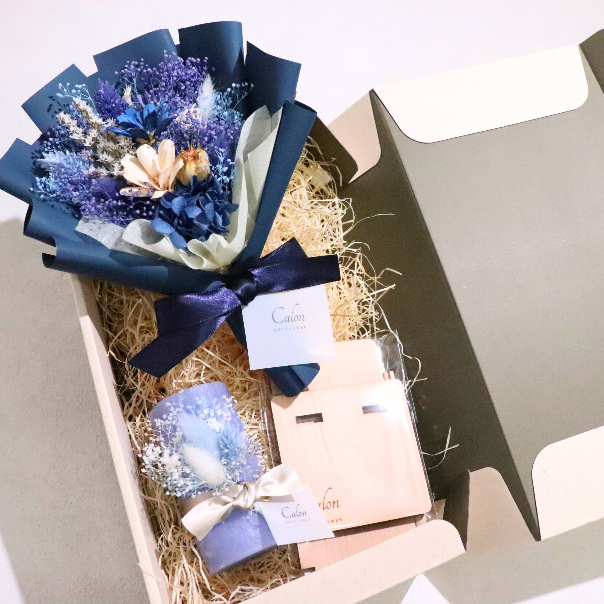 ドライフラワー花束S×キャンドル×スタンド  ギフト3点セット【ディープブルー】