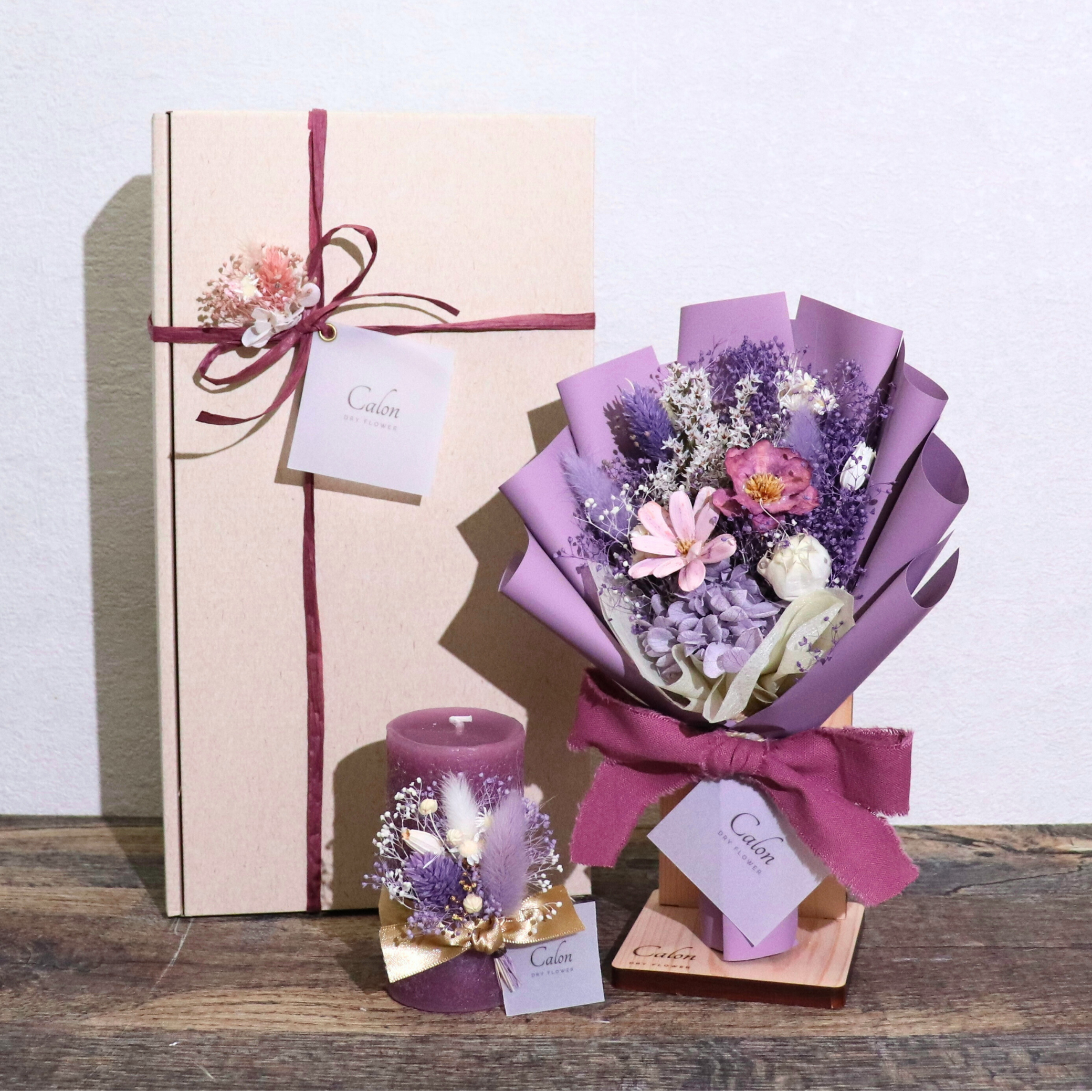 ドライフラワー花束S×キャンドル×スタンド  ギフト3点セット【パープル】