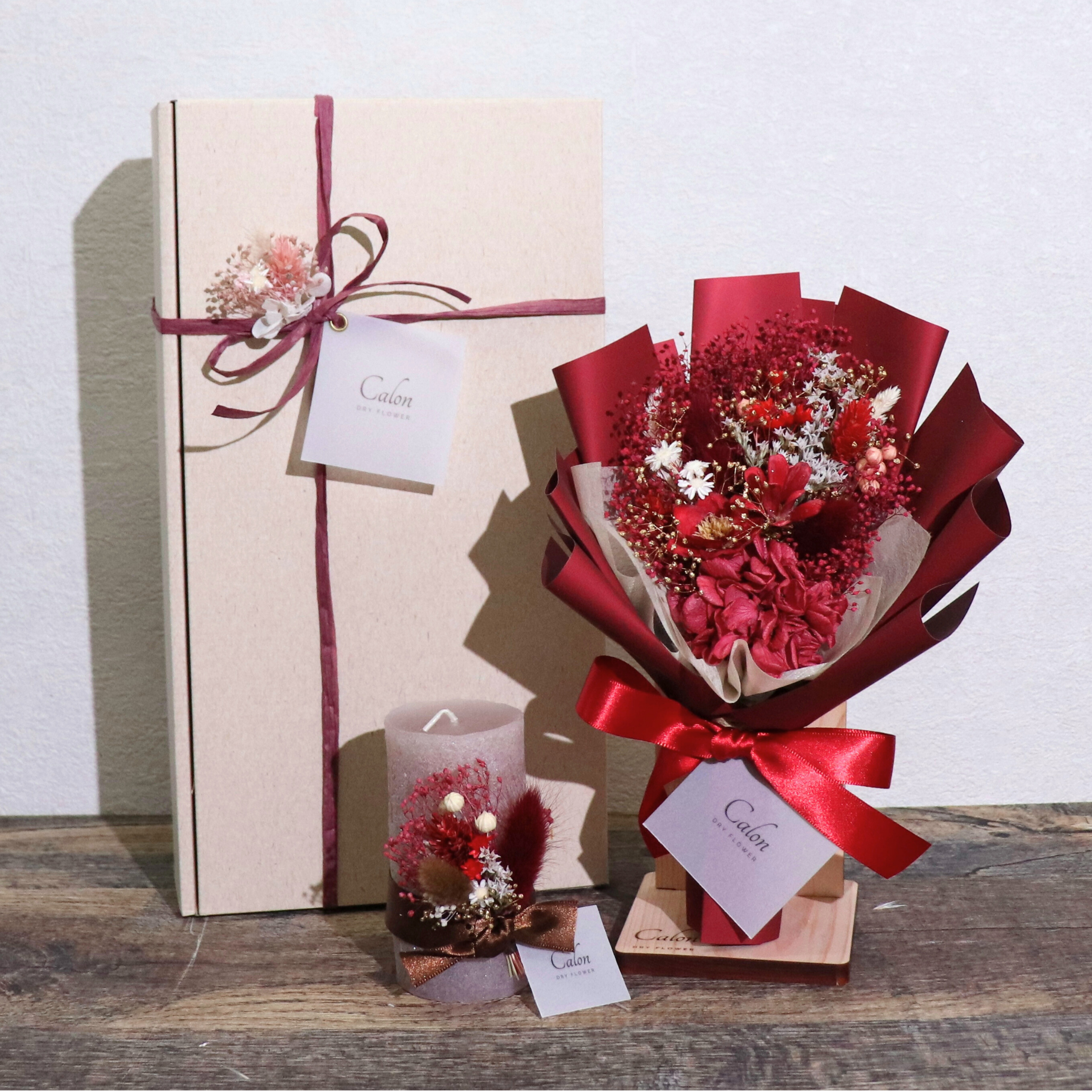 ドライフラワー花束S×キャンドル×スタンド  ギフト3点セット【レッド】